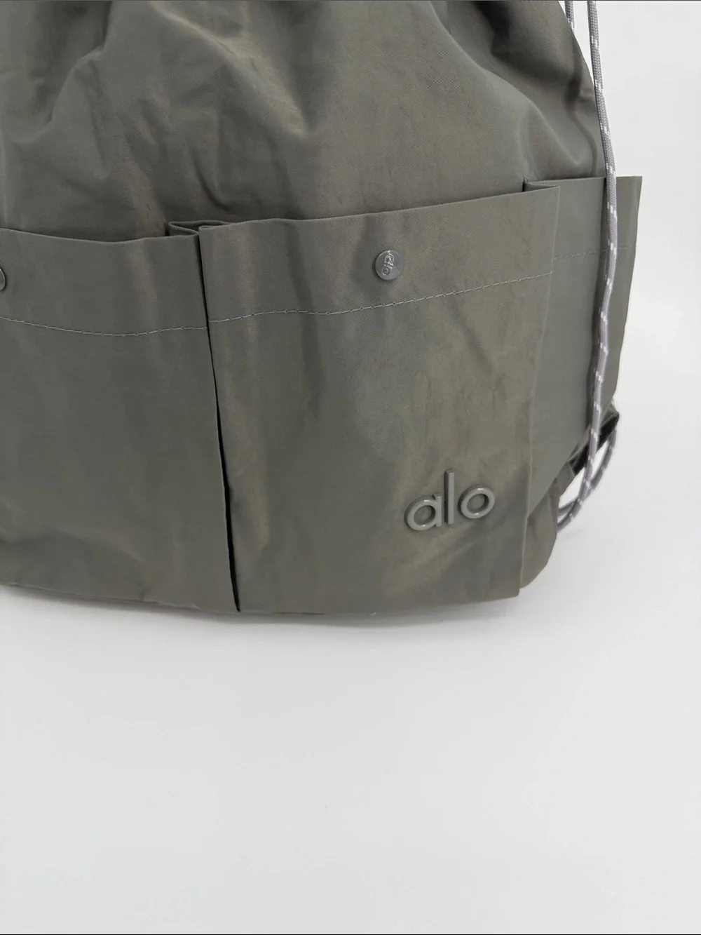 ALO Yoga Canvas Gray Drawstring Messenger Backpack Convertible Tote Bag